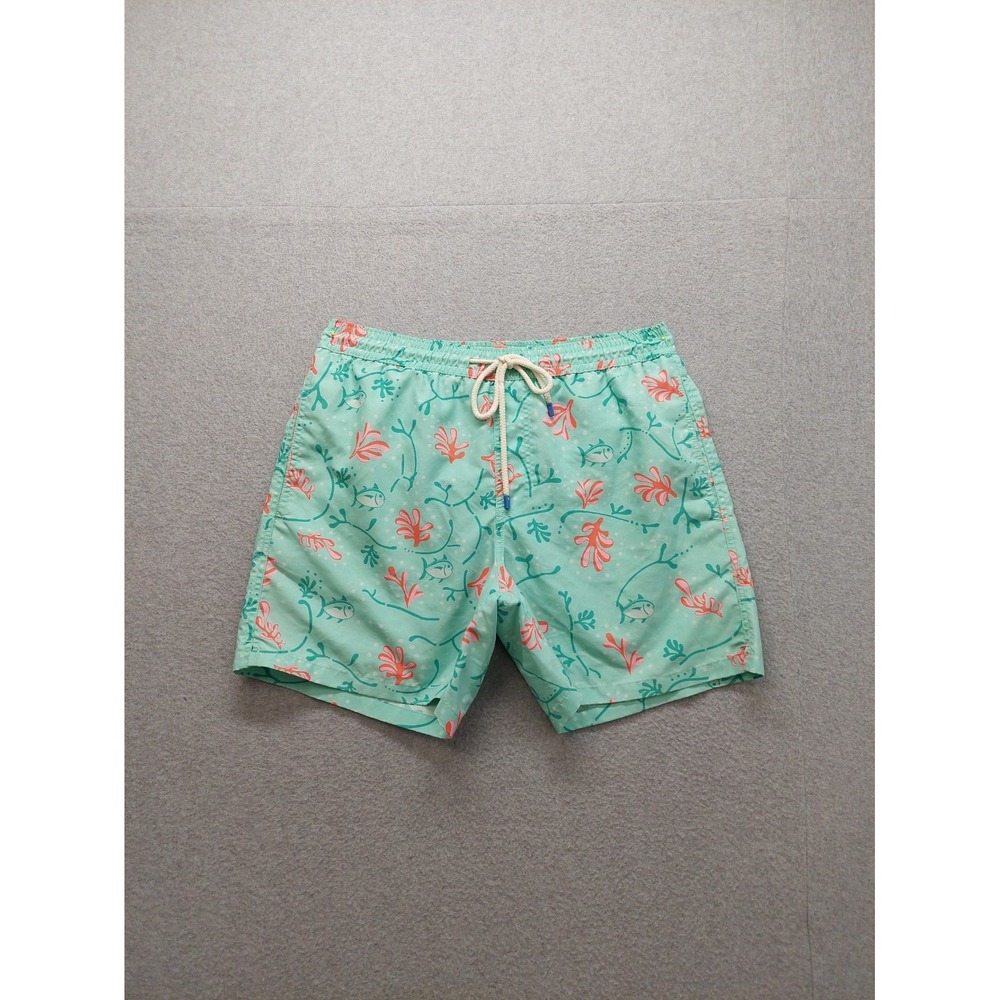 Southern Tide Men Swim Trunks M Teal Tropical Pattern Elastic Waist Drawstring